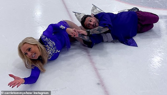 Carrie played Torvill in a blue beaded minidress and stockings, while Tommy dressed as Christopher in a blue shirt and purple pants.