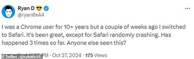 On X, one commenter said he had experienced a series of seemingly random crashes since switching from Chrome to Safari.