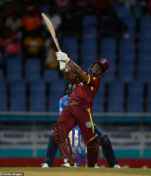 West Indies opener Evin Lewis scored 94 off 69 balls as the hosts chased a revised total of 157.