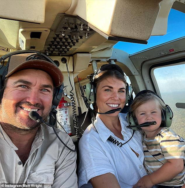 Kaia and Matt Wright (pictured with son Banjo, 4) met when the TV star suddenly landed his helicopter near her while she was with friends on a boat off Rottnest Island in 2014.