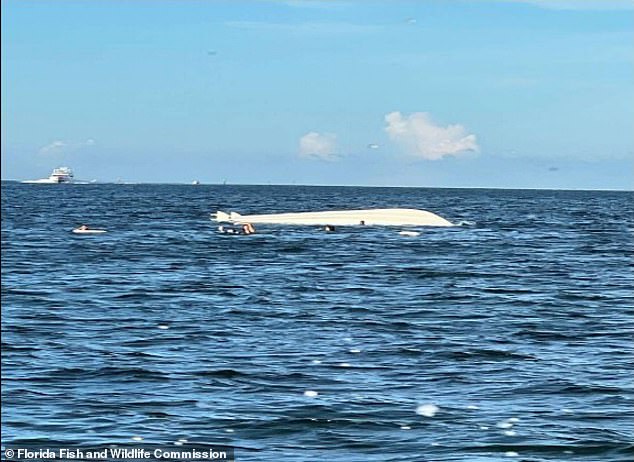 The boat capsized and all 14 people on board ended up in the water.