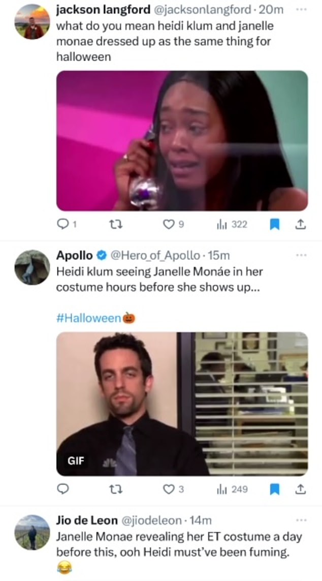 One fan tweeted a meme of a distraught woman and wrote: 'What do you mean Heidi Klum and Janelle Monae dressed alike for Halloween?'