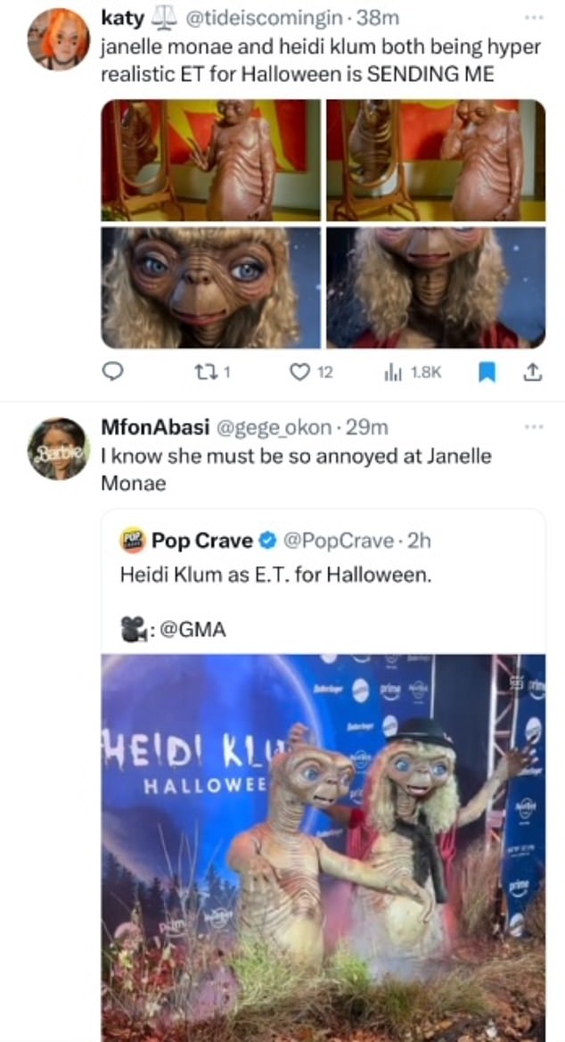 Janelle Monae and Heidi Klum, both hyper-realistic ETs for Halloween, THEY ARE SENDING ME,' wrote one X user. Another fan added about the model: 