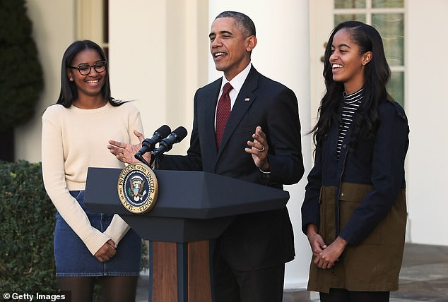 Malia, pictured with her father and sister at the White Rose in 2015, has completed several film internships and now works as a copywriter.