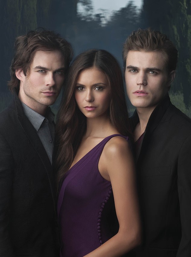 Ian Somerhalder (left) as Damon Salvatore, Nina Dobrev (center) as Elena Gilbert and Paul Wesley (right) as Stefan Salvatore in the popular television show The Vampire Diaries