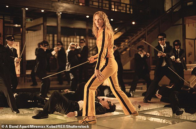 The model, 27, transformed into the main character from Quentin Tarantino's Kill Bill as she donned a bright yellow jumpsuit with black stripes down the sides.