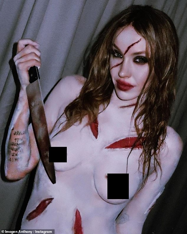 Imogen completed her shocked look by placing fake blood cuts all over her body, as she proudly flaunted her genetically blessed figure.