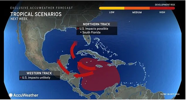 There are two potential paths this storm could take: one to the west and the other to the north. If the storm moves north, it could affect southern Florida