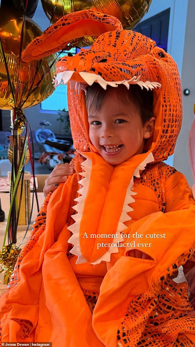 Jenna and Steve's four-year-old son Callum was wearing an orange pterodactyl costume.