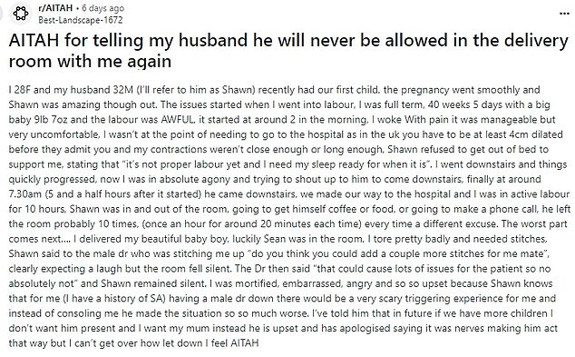 The 28-year-old woman took to Reddit to describe the incident in which her spouse, whom she referred to as Shawn, asked her for a 