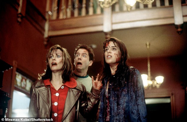 The star appears with Neve Campbell (Sidney Prescott) and Jamie Kennedy (Randy Meeks) in 1996's Scream.