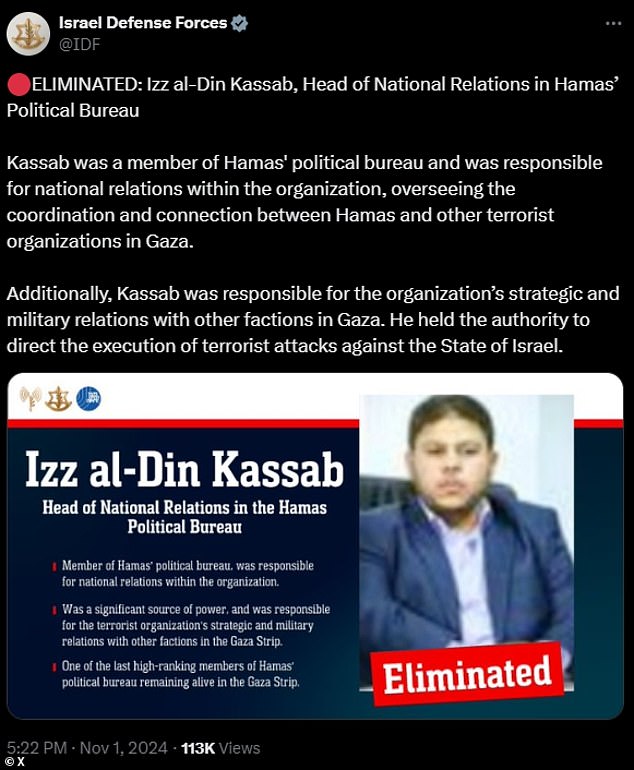 The IDF announced Kassab's killing on Friday night.