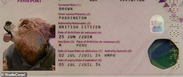 The passport also includes Paddington's date of birth, June 25, his surname Brown and his gender, as well as his British nationality and Peru as his place of birth.