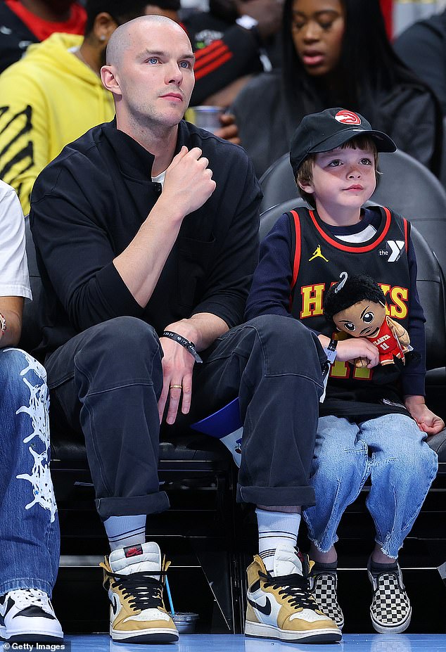 The actor, 34, showed off his shaved head in March when he attended a basketball game with his son.