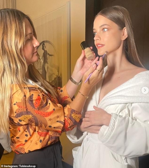 Tobi says our makeup routine should evolve as we age and experience different concerns. She is pictured with model and actress Barbara Palvin, 31, one of Tobi's most loyal clients.