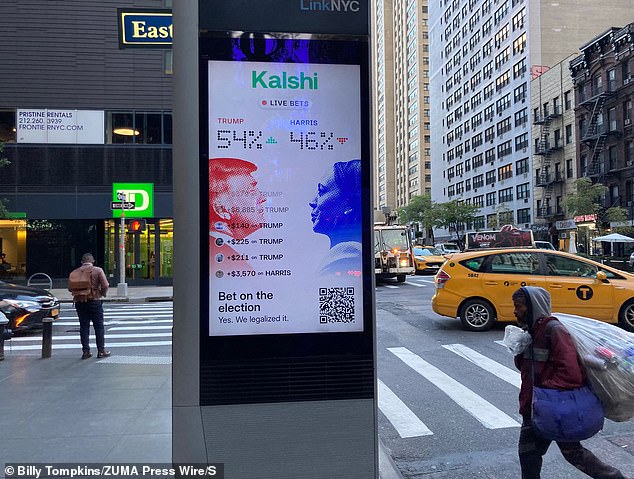 Live election betting at a digital screen kiosk on a New York City street