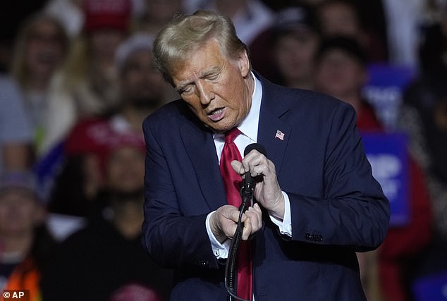 Trump fiddles with microphone after crowd cheers for him to fix it