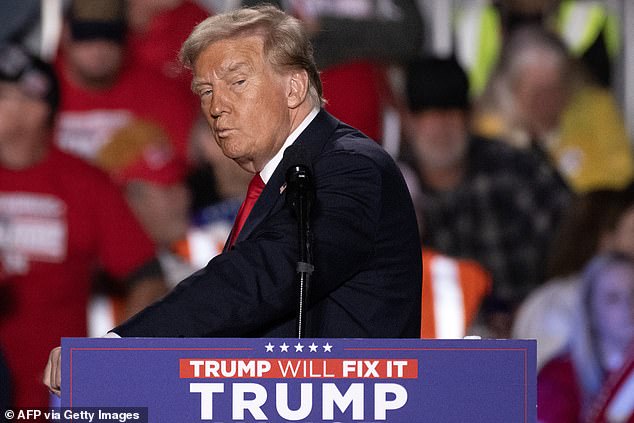 Former US President and Republican presidential candidate Donald Trump pauses during a video section of his speech during a campaign rally at Macomb Community College in Warren, Michigan, on November 1, 2024.