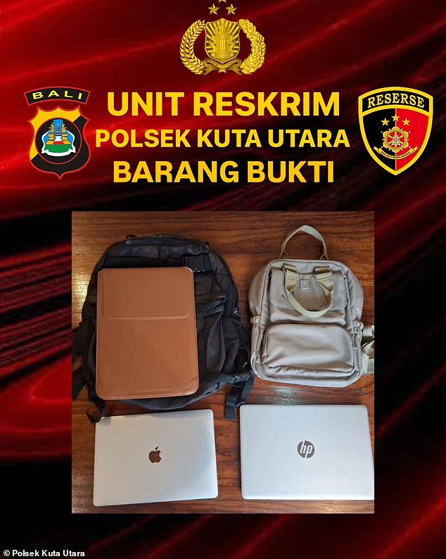 Ms Crimmins allegedly stole a MacBook Air and an HP laptop (both pictured) from the Popular Deli lounge inside a supermarket in North Kuta in Bali on Wednesday morning.