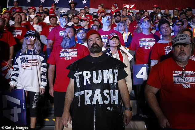 His supporters showed up in black garbage bags in a nod to Joe Biden's slip of the tongue.