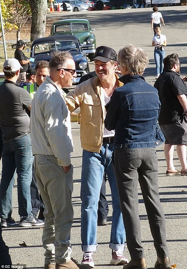 Writer-director Scott Cooper (center) was also there to help welcome the Chief to the set of the biopic, starring The Bear's Jeremy Allen White as a Nebraska-era Springsteen.