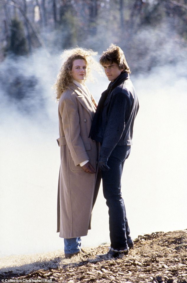 In the film, directed by Top Gun director Tony Scott, Cruise plays Cole Trickle, a brash rookie stock car driver; Pictured with Kidman in a still from the film.