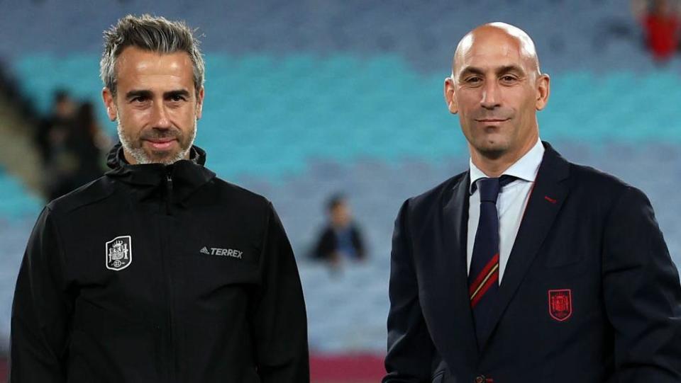 Jorge Vilda, Spain coach, with the president of the federation, Luis Rubiales, during the final of the 2023 Women's World Cup. 