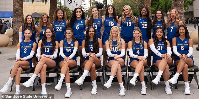 Pictured is San Jose State University women's volleyball. Fleming is in front, far left.