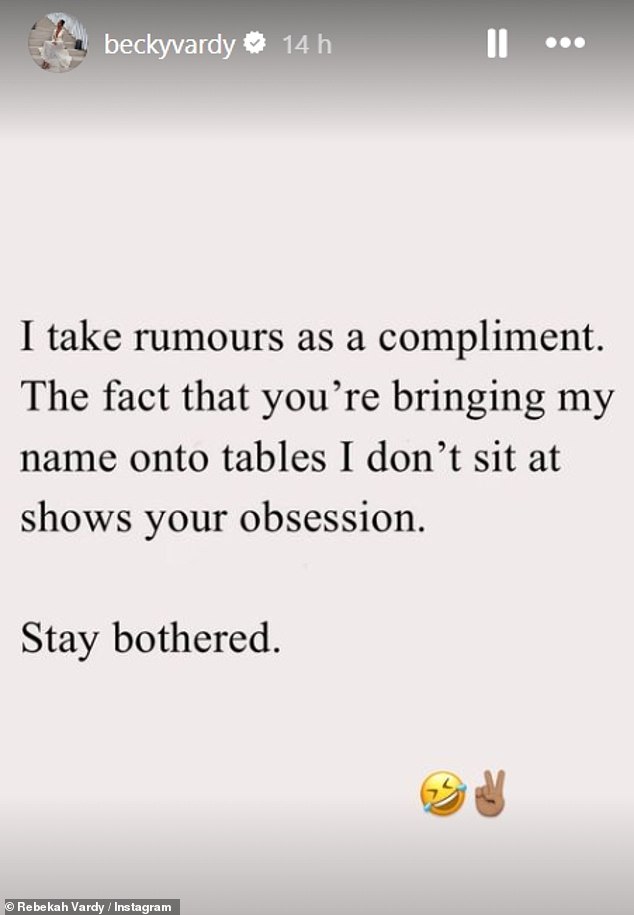 Rebekah shared a text that read: 'I take the rumors as a compliment. The fact that you put my name on tables I don't sit at shows your obsession. Stay upset'