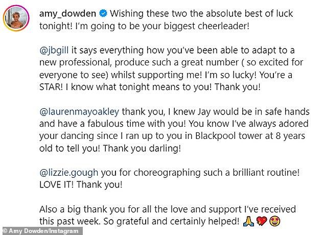 On Instgarm on Saturday, Amy shared a photo of Lauren and JB and wrote in the caption: 'Wishing these two the best of luck tonight! I'm going to be your biggest cheerleader!'