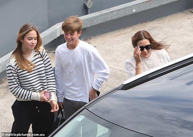 After spending almost a week in her home country, Mary was seen leaving Sydney with her 13-year-old twins, Josephine and Vincent.