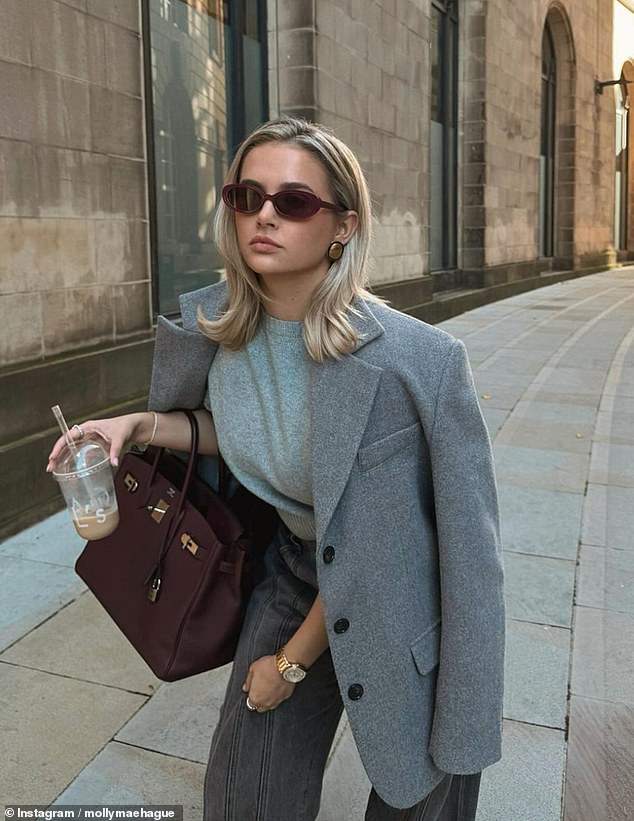 Since her split from Tommy Fury, Molly-Mae has been working on her clothing line, Maebe (pictured wearing one of her jackets, along with the Hermes bag in the same style).