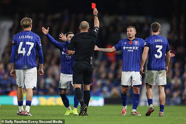 The former England international was given his marching orders by referee Tim Robinson.