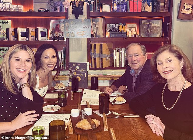 The former president is seen here with his wife Laura and daughters Jenna and Barbara.