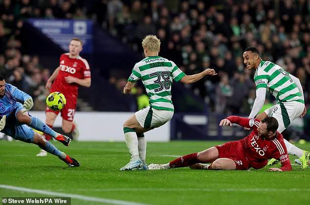 Celtic's Daizen Maeda scores his sides sixth goal during the Viaplay Cup semi-final match