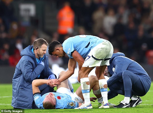 There were worrying scenes for the injury-hit City squad when Haaland went down injured.