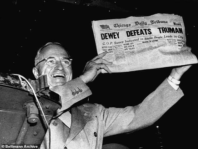 The betting markets were wrong in 1948, when President Harry S. Truman won; Here, he gleefully displays a premature first edition of the Chicago Daily Tribune from his train in St. Louis, Missouri, after his defeat of Thomas E. Dewey.