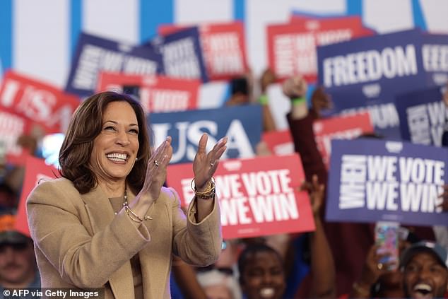 US Vice President and Democratic presidential candidate Kamala Harris waves to the crowd during a campaign rally in Charlotte, North Carolina, on November 2, 2024.