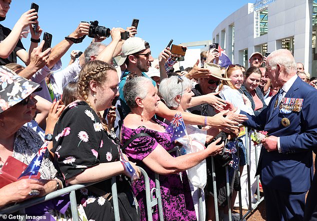 The public greets the King outside Parliament in Canberra.