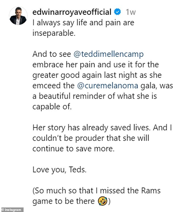 Just a week before the divorce announcement, Edwin posted a heartfelt tribute to Teddi after they attended the Cure Melanoma gala together.