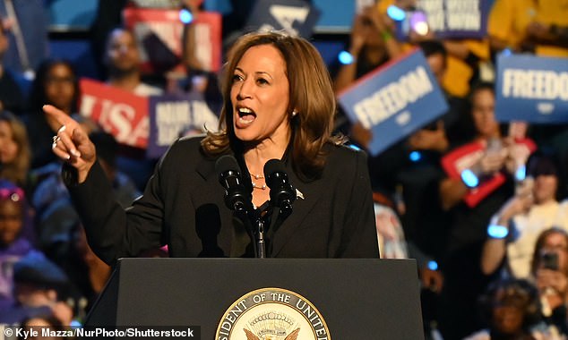 United States Vice President Kamala Harris delivers a speech at a campaign rally at the Wisconsin State Fair Park expo center in West Allis.