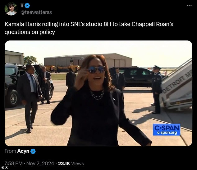 There was also a social media user who used an outtake of Kamala to show that she 'entered SNL's 8H studio to answer Chappell Roan's policy questions.'