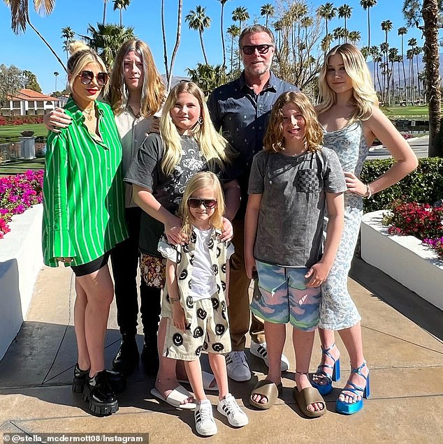 Exes Tori and Dean McDermott share Liam, 17, Stella, 16, Hattie, 13, Finn, 12, and Beau, seven; photographed in April 2023