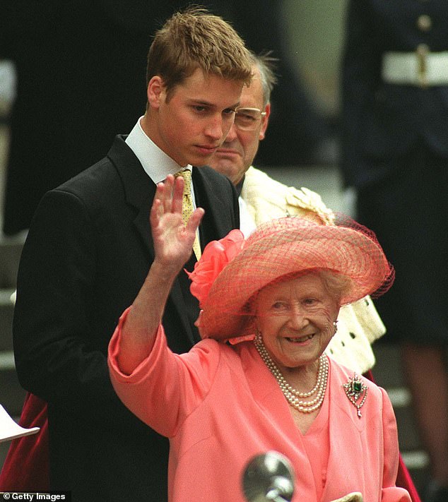 Prince William, left, accompanies his great-grandmother, the Queen Mother, as she waves after attending a thanksgiving service in 2000.