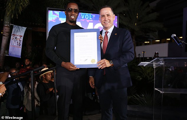 In 2015, former mayor Philip Levine presented the honorary key to the city to Combs during the Revolt Music Conference in Fontainebleau in the vibrant city; seen October 2016