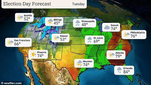 Several areas of the US, including the swing states of Wisconsin and Michigan, may experience showers and storms on Election Day.