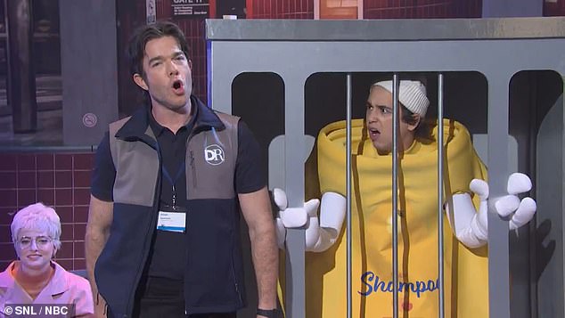 Marcello Hernandez played a heartless shampoo bottle encased in a case as he and Mulaney performed a Sound of Music parody.