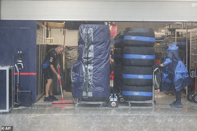 Staff and teams were left sweeping away the rain to try to get the track ready for competition.