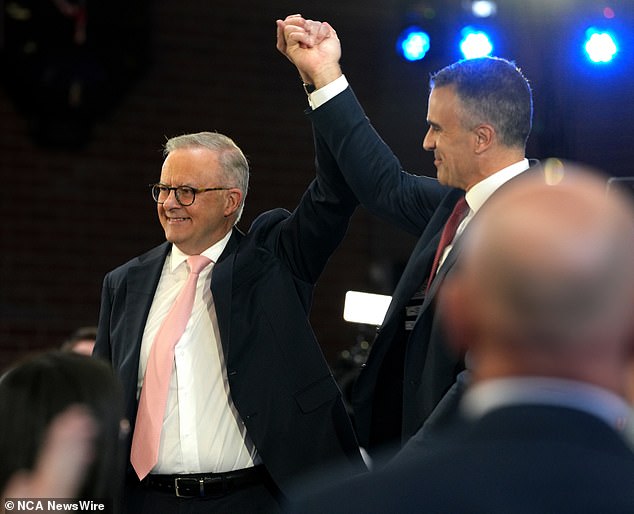 South Australian Premier Peter Malinauskas (right) introduces the Prime Minister (left) to Labor faithful at a campaign rally in Adelaide on Sunday.