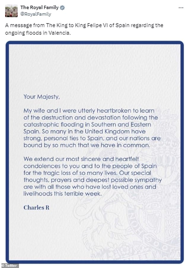 The monarch, 75, has written a personal letter to King Philip of Spain offering his condolences for 'the tragic loss of so many lives'